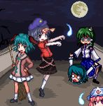  animal_ears bamboo_broom bow broom full_moon ghost hair_bow hand_on_hip hat jiangshi kasodani_kyouko kochiya_sanae lowres miyako_yoshika moon multiple_girls o_o ofuda outstretched_arms pixel_art saigyouji_yuyuko star tatara_kogasa teardrop ten_desires touhou triangular_headpiece unk_kyouso zombie_pose 