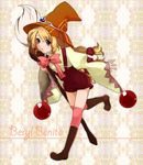  bad_id bad_pixiv_id beryl_benito blonde_hair boots bow brooch brown_eyes character_name full_body hair_ribbon hat highres iseyun jewelry knee_boots kneehighs long_hair paintbrush pink_bow pink_legwear ribbon running shorts solo suspenders tales_of_(series) tales_of_hearts witch_hat yellow_background 