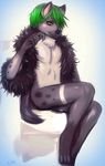  amber_eyes chest_tuft crossdressing cute green_hair hair hyena looking_at_viewer male short_hair sitting solo stockings unknown_artist 