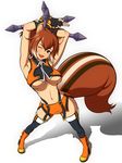  :3 animal_ears armpits arms_up bad_id bad_pixiv_id blazblue breasts brown_eyes brown_hair fingerless_gloves gloves ito_hajime makoto_nanaya medium_breasts navel one_eye_closed orange_skirt revealing_clothes skirt solo squirrel_ears squirrel_tail tail thighhighs tonfa underboob weapon 