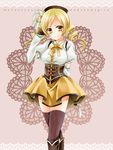  arm_behind_back beret blonde_hair blush boots corset crossed_legs detached_sleeves drill_hair fingerless_gloves gloves hat kubyou_azami magical_girl mahou_shoujo_madoka_magica puffy_sleeves smile solo standing thighhighs tomoe_mami yellow_eyes zettai_ryouiki 