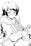  bakemonogatari bench braid coat game_boy glasses greyscale handheld_game_console hanekawa_tsubasa ishibashi_yosuke long_hair monochrome monogatari_(series) nekomonogatari playing_games solo 