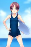  brown_eyes brown_hair hand_on_hip highres kickboard long_hair norizou_type-r one-piece_swimsuit original school_swimsuit solo swimsuit twintails 