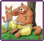  canine chubby clothing eat eating grass male meat tree unknown_artist wolf 