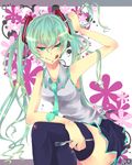  :q crossed_legs fork fukutsuu green_eyes green_hair hatsune_miku long_hair necktie sitting skirt solo thighhighs tongue tongue_out twintails very_long_hair vocaloid 