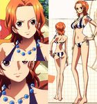  barefoot bikini bracelet brown_eyes collage feet female hand_on_hip hips inoue_eisaku jewelry lowres multiple_views nami nami_(one_piece) necklace official_art official_artwork one_piece one_piece:_strong_world one_piece_film_strong_world orange_hair pirate solo standing striped swimsuit 