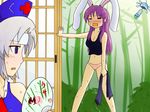  animal_ears breasts bunny_ears camisole cirno cleavage fan hot inaba_tewi midriff multiple_girls navel palkey panties purple_hair reisen_udongein_inaba small_breasts sweat touhou underwear underwear_only wind_chime yagokoro_eirin 