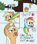 applejack_(mlp) blonde_hair comic cutie_mark dialog duo english_text equine female feral freckles friendship_is_magic fur gasp green_eyes hair horse mammal multi-colored_hair my_little_pony open_mouth orange_fur orgasm pegasus pony pull purple_eyes rainbow_dash_(mlp) rainbow_hair rainbow_tail sleeping text tree unknown_artist wings yank 