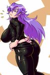  ass back breasts butt_crack covered_nipples from_behind huge_breasts long_hair looking_back mikoyan muchigaku omori-san pants plump purple_eyes purple_hair skin_tight solo sweatdrop tight tight_pants torn_clothes torn_pants undersized_clothes 
