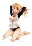  barefoot blush breasts charlotte_dunois cleavage highres infinite_stratos jacket jewelry large_breasts long_hair long_legs necklace open_mouth penguin_caee purple_eyes raglan_sleeves solo track_jacket 