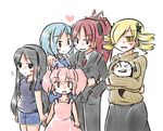  akemi_homura aotori blonde_hair blue_hair blush_stickers casual charlotte_(madoka_magica) dress drill_hair family formal good_end kaname_madoka long_hair mahou_shoujo_madoka_magica miki_sayaka multiple_girls pink_hair ponytail red_eyes red_hair sakura_kyouko shirt short_hair shorts sweater t-shirt tomoe_mami twintails yellow_eyes younger 