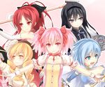  akemi_homura arrow bare_shoulders beret black_hair blonde_hair blue_eyes blue_hair bow bow_(weapon) choker detached_sleeves drill_hair gloves hair_bow hair_ornament hairband hat kaname_madoka long_hair magical_girl mahou_shoujo_madoka_magica miki_sayaka multiple_girls outline pantyhose pink_eyes pink_hair polearm ponytail puffy_sleeves purple_eyes red_choker red_eyes red_hair sakura_kyouko shield short_hair short_twintails shuuichi_(gothics) skirt tomoe_mami twintails weapon white_gloves white_outline 