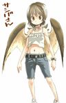  belt blush_stickers brown_eyes brown_hair face flat_chest midriff navel original serious shorts simple_background solo standing translated white_background wings yudepii 