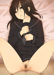  bed black_eyes black_hair black_serafuku censored expressionless kiiroi_tamago lying no_panties on_back original pleated_skirt pov pubic_hair pussy school_uniform serafuku sex skirt solo_focus spread_legs 