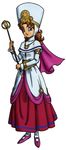  blue_eyes brown_hair cape curly_hair detached_sleeves dragon_quest dragon_quest_viii dress hat minnie official_art simple_background solo standing star toriyama_akira wand 