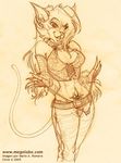  2005 belt cat collar drawing feline female hair jeans long_hair looking_at_viewer magolobo mammal monochrome sepia sketch solo 