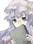  annoyed asumaro bad_id bad_pixiv_id bespectacled book book_focus brooch covering_mouth crescent face glasses hat highres jewelry long_hair patchouli_knowledge portrait purple_eyes purple_hair simple_background sleeves_past_wrists solo touhou 