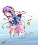  barefoot eyeball hairband heart komeiji_satori pink_skirt purple_hair red_eyes short_hair skirt skirt_hold solo submerged third_eye touhou water yuro 