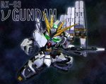  beam_rifle char's_counterattack chibi clenched_hand energy_gun glowing glowing_eyes gun gundam mecha no_humans nu_gundam solo space weapon 