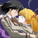  2girls black_hair blonde_hair blush brown_eyes hair_ribbon kannazuki_no_miko lowres miko_embrace multiple_girls parody ribbon sawachika_eri school_rumble school_uniform short_hair style_parody tsukamoto_yakumo twintails yellow_eyes yuri 