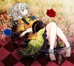  bare_legs barefoot blue_flower blue_rose checkered checkered_floor curly_hair eyeball feet flower green_eyes hat hat_removed headwear_removed holding holding_hat komeiji_koishi lying on_back petals red_flower red_rose rose rose_petals short_hair silver_hair solo third_eye tiles touhou uram water 