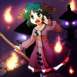  animal_ears arm_up bamboo_broom broom chitose_(ame) dress fire flame ghost green_eyes green_hair hitodama kasodani_kyouko lantern open_mouth short_hair solo standing stone_lantern touhou 