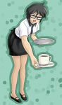  black_hair closed_eyes copyright_request cup fashion glasses leaning_forward open_mouth pantyhose saucer sheer_legwear short_hair skirt solo spoon tray uraharukon waitress 