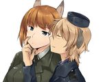  aimai_(luckyfive) animal_ears bad_id bad_pixiv_id blue_eyes brave_witches brown_hair closed_eyes gundula_rall hat military military_uniform multiple_girls short_hair simple_background uniform waltrud_krupinski white_background world_witches_series yuri 