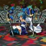  arm_support bad_id bad_pixiv_id bare_shoulders blue_eyes blue_hair boots cape cometch magical_girl mahou_shoujo_madoka_magica miki_sayaka short_hair sitting solo sword thighhighs weapon witch's_labyrinth 