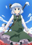  bad_id bad_pixiv_id black_legwear blue_eyes hair_ribbon highres hujikok katana konpaku_youmu pantyhose ribbon scabbard sheath sheathed short_hair silver_hair solo sword tassel touhou tree weapon white_hair 