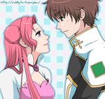  1boy 1girl brown_eyes brown_hair code_geass couple dress earrings euphemia_li_britannia female hair_bun jewelry kururugi_suzaku llmonakall long_hair lowres male military military_uniform pink_eyes pink_hair short_hair uniform 