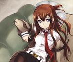  absurdres bad_id bad_yandere_id belt black_legwear blue_eyes brown_hair couch highres jacket legwear_under_shorts long_hair looking_at_viewer lying makise_kurisu necktie on_back pantyhose red_neckwear shinozuka_atsuto short_shorts shorts smile solo steins;gate 