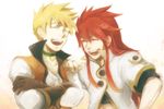  blonde_hair choker gloves green_choker guy_cecil long_hair luke_fon_fabre male_focus multiple_boys red_hair smile tales_of_(series) tales_of_the_abyss white_background 