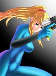  bangs black_background blonde_hair blue_bodysuit bodysuit breasts cowboy_shot eyelashes from_side gloves gradient gradient_background green_eyes grey_background gun hair_tie handgun high_ponytail holding holding_gun holding_weapon impossible_bodysuit impossible_clothes large_breasts legs_apart long_hair looking_at_viewer metroid metroid:_zero_mission paralyzer parted_lips ponytail samus_aran sidelocks skin_tight solo stun_gun trigger_discipline turtleneck weapon white_background zero_suit 