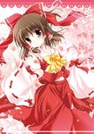  ascot bad_id bad_pixiv_id blush bow brown_eyes brown_hair detached_sleeves flower hair_bow hair_tubes hakurei_reimu midriff navel ponytail sarashi short_hair skirt solo touhou white-brown 