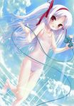  1girl absurdres barefoot blush cloud day flat_chest hagiwara_onsen hair_ribbon hairband highres long_hair momono_shiori navel nipples ocean one-piece_swimsuit red_eyes ribbon see-through silver_hair sky solo swimsuit twintails very_long_hair water wet white_swimsuit 