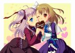  ahoge belt blue_eyes blush bow brown_eyes brown_hair cheek-to-cheek chocolate chocolate_heart choker dress english enoo food_in_mouth hair_ribbon heart holding_hands interlocked_fingers jewelry long_hair mouth_hold multiple_girls one_eye_closed one_side_up ponytail raquel_applegate ribbon shared_food smile valentine wild_arms wild_arms_4 yellow_background yulie_ahtreide 