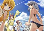  :d :t animal_costume animal_ears ass bad_id bad_pixiv_id bikini blonde_hair blush braid brown_hair butt_crack charlotte_dunois cloud day eyepatch foreshortening fox_costume fox_ears fox_tail from_behind highres infinite_stratos jewelry laura_bodewig long_hair looking_at_viewer miu_(angelo_whitechoc) multiple_girls necklace nohotoke_honne open_mouth pout purple_eyes red_eyes shorts silver_hair sky sleeves_past_wrists smile swimsuit tail tanimoto_yuzu thigh_strap twintails unbuttoned 