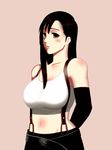  absurdres alia_(pixiv115184) arms_behind arms_behind_back bare_shoulders belt black_hair blush body_blush breasts brown_eyes elbow_gloves female final_fantasy final_fantasy_vii gloves highres long_hair midriff miniskirt ootalia simple_background skirt solo suspenders tifa_lockhart 