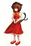  animal_ears brown_eyes brown_hair cat_ears cat_tail chen dress earrings fingernails full_body hat hiepita_(1014) highres jewelry long_fingernails mary_janes multiple_tails nekomata red_dress shoes simple_background solo standing tail touhou 