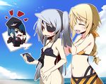 beach bikini blonde_hair blush bottomless charlotte_dunois clarissa_harfouch closed_eyes cloud day eyepatch hat infinite_stratos laura_bodewig long_hair multiple_girls out-of-frame_censoring outdoors sky smile swimsuit ukitanisu 
