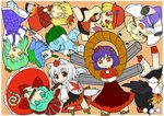  aki_minoriko aki_shizuha animal_ears bad_id bad_pixiv_id chibi geta highres inubashiri_momiji kagiyama_hina kawashiro_nitori kochiya_sanae moriya_suwako mountain_of_faith multiple_girls nyontase shameimaru_aya tail tengu-geta touhou wolf_ears wolf_tail yasaka_kanako 