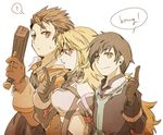  2boys ? alvin_(tales) bad_id bad_pixiv_id bare_shoulders black_hair blonde_hair brown_hair english finger_gun gloves gun hacho jude_mathis long_hair milla_maxwell multiple_boys side-by-side smile tales_of_(series) tales_of_xillia very_long_hair weapon white_background yellow_eyes 