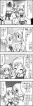  4koma blush cheek_pinching comic commentary_request flower greyscale hair_flower hair_ornament hair_ribbon kaname_madoka long_hair mahou_shoujo_madoka_magica monochrome multiple_girls pinching plaid ribbon school_uniform short_hair skirt tears tomoe_mami translated twintails yuuki_akira 