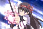  :p akemi_homura bad_id bad_pixiv_id black_hair bow bow_(weapon) foreshortening hair_bow hair_ribbon hairband kyubey mahou_shoujo_madoka_magica massala purple_eyes red_eyes ribbon tongue tongue_out upper_body weapon 