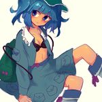  backpack bad_id bad_pixiv_id bag black_bra blue_eyes blue_hair bra breasts cleavage expressionless hat kawashiro_nitori kogiso lingerie open_clothes open_shirt shirt short_hair sitting skirt small_breasts solo touhou two_side_up underwear 