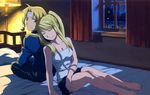  1girl bandage bare_shoulders barefoot bed blonde_hair breasts cleavage curtains edward_elric eyes_closed feet fullmetal_alchemist lamp legs light long_hair looking_back night pillow ponytail short_hair sitting skirt sleeping smile thighs toes window winry_rockbell yellow_eyes 