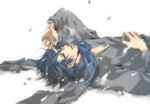  blue_hair blue_scarf ground kaito karasu_(mirror_02) lying male_focus md5_mismatch on_back petals scarf solo vocaloid winter 