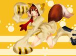  blazblue blush brown_eyes brown_hair cosplay highres hood jacket kneeling long_sleeves makoto_nanaya short_hair simple_background solo squirrel_tail tail taokaka taokaka_(cosplay) yumi_zakura zipper 