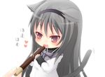  akemi_homura animal_ears cat_ears cat_tail food homu mahou_shoujo_madoka_magica matthew_(yo_matthew) minigirl pocky solo tail 